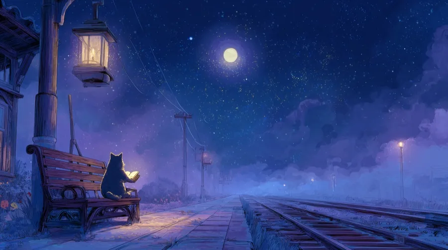 Sakin bir gece peronunda lamba ışığında okuyan bir kedi