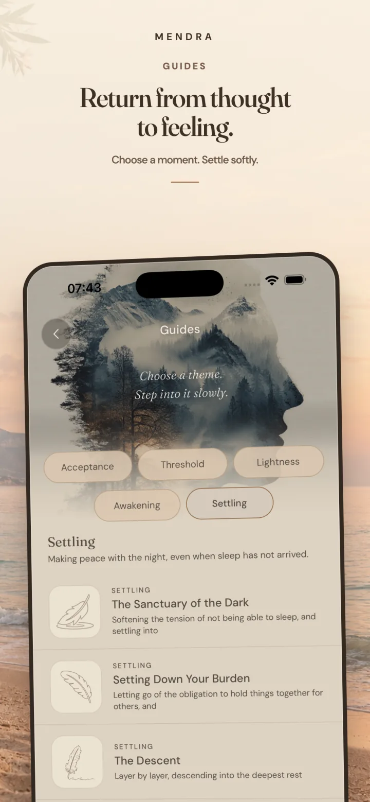 Guides: reflective themes including acceptance, lightness and settling